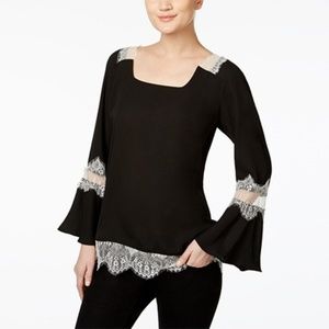 Ny Collection Black Lace-Trim Peasant Blouse